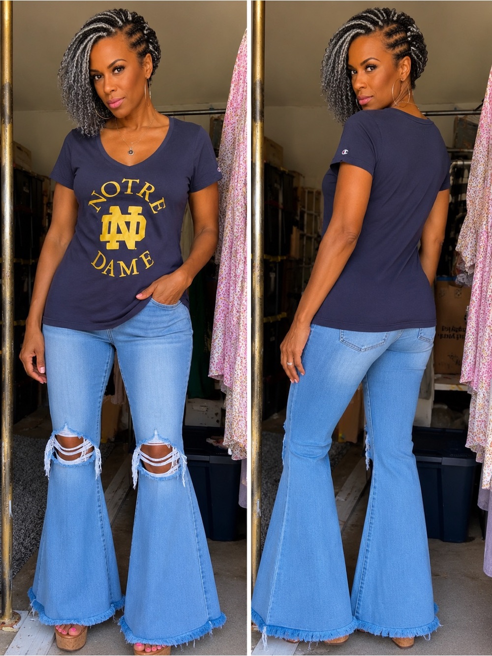 Champion Navy Notre Dame V-Neck Tee with Gold Logo